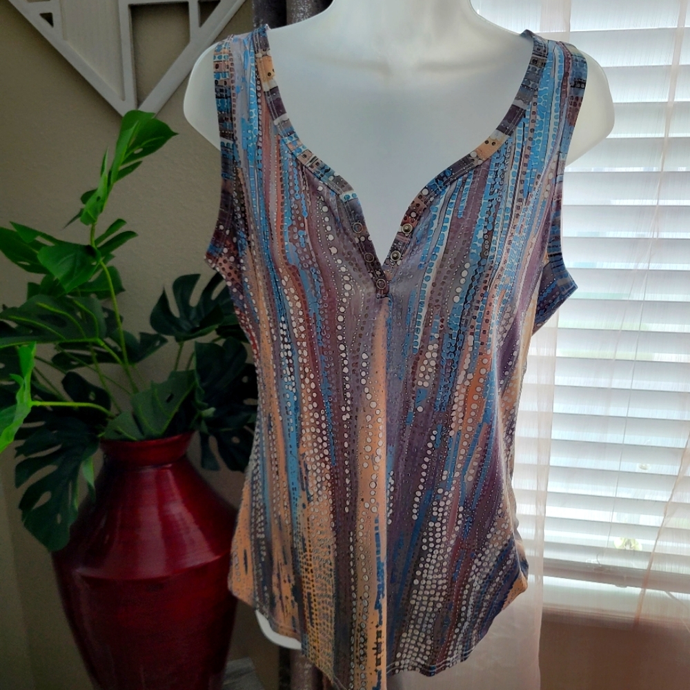 Blue and Grey striped tank with cool pattern